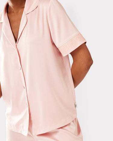 Blush Satin Lace Trim Button Up Short Pyjama Set